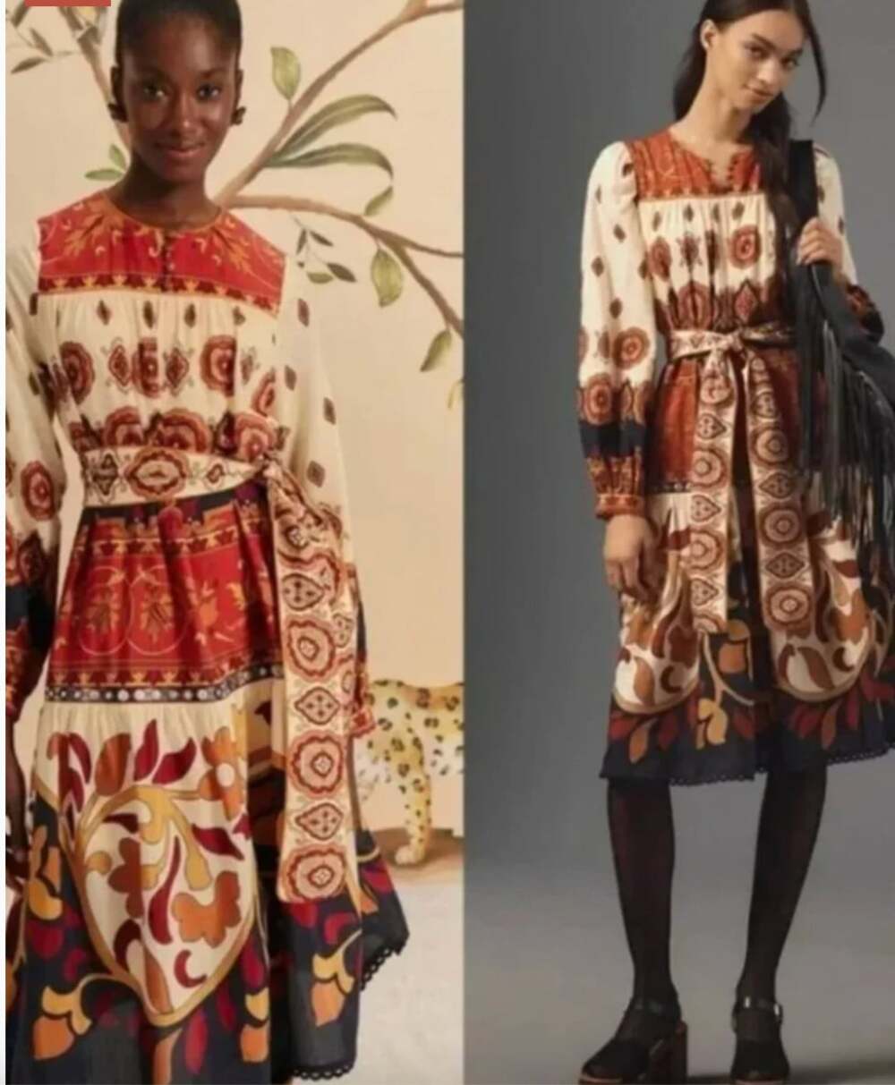 Farm Rio Ainika Tiles Dress Womens L Multicolor Floral Long Sleeve Belted Boho